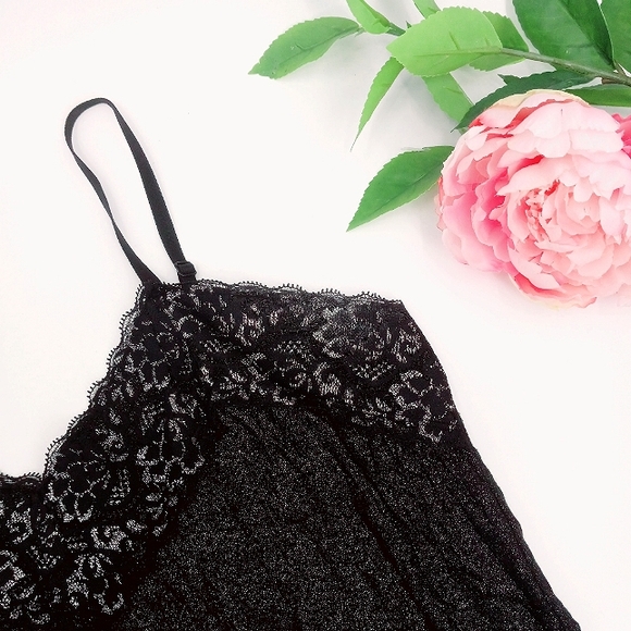 VANITY Y2k Glitter Accented Lace Trim Black Crinkled Stretch Fabric Cami M - Picture 3 of 10